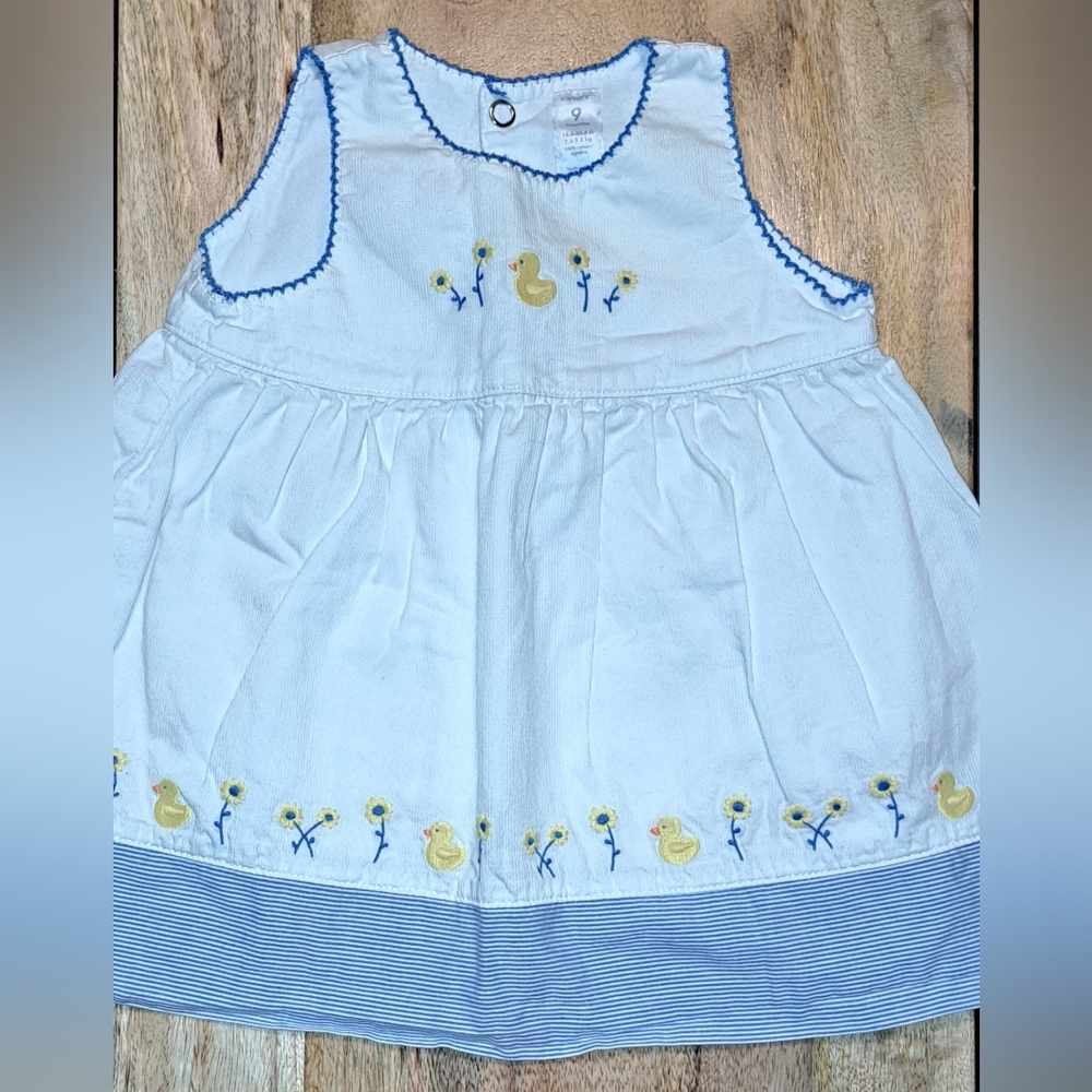 Carters, white & blue pinstripe duck and flower dress, 9m, excellent condition